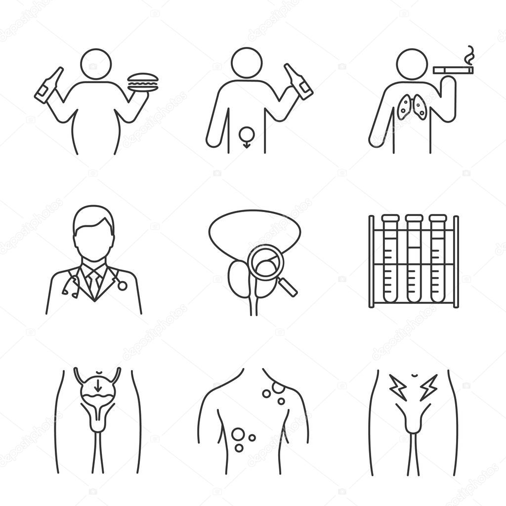 Men's health linear icons set. Thin line contour symbols. Obesity, alcoholism, urologist, prostate exam, lab analysis, skin and prostate cancer. Isolated vector outline illustrations. Editable stroke