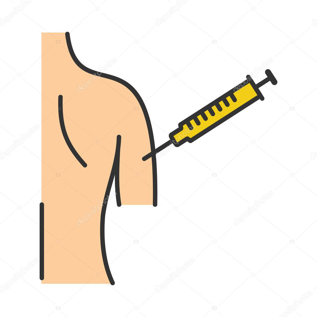Vaccination color icon. Flu shot. Polio, measles vaccine. Women's arm injection. Immunization. Tetanus vaccine procedure. Isolated vector illustration