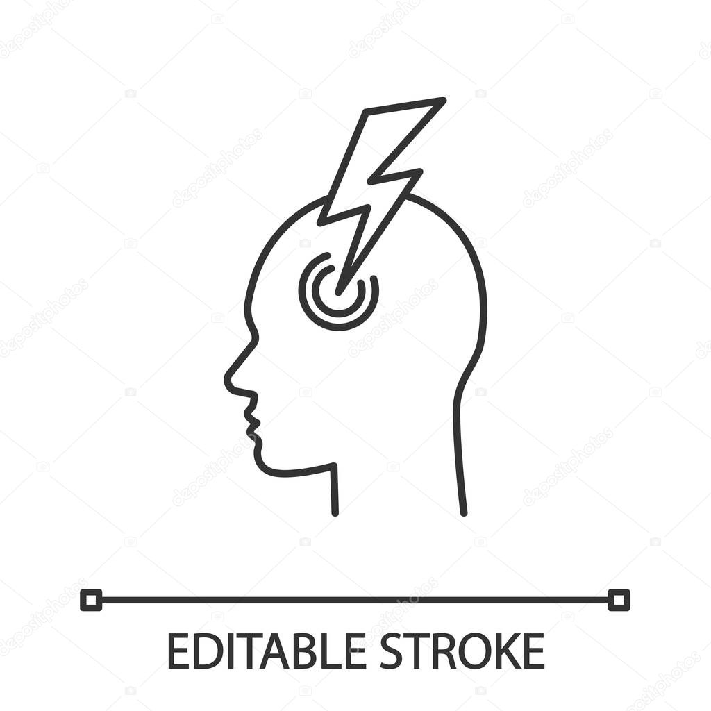 Migraine linear icon. Thin line illustration. Human head with lightning bolt. Thunderclap headache. Temple pressure, pain. Flu symptom. Contour symbol. Vector isolated outline drawing. Editable stroke