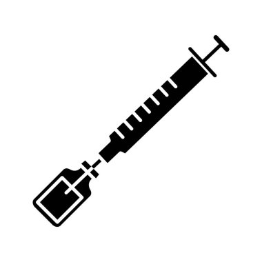 Vaccine glyph icon. Silhouette symbol. Syringe with medicine vial. Tetanus, BCG immunization, vaccination. Medications, drugs injection. Negative space. Vector isolated illustration clipart