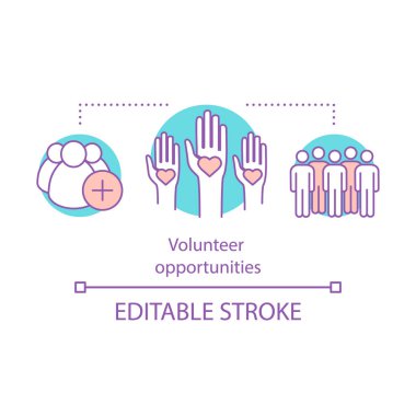 Gönüllü fırsatlar konsept simgesi. Sadaka fikir ince hat illüstrasyon. Kar amacı gütmeyen kuruluş. Topluluk Yardımı. Yemek Servisi eller. Çizim vektör izole anahat