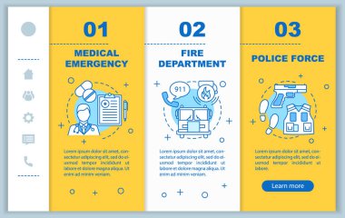 Kurtarma Hizmetleri app sayfası ekranda vektör şablonu. Polis, itfaiye, tıbbi acil durum walkthrough Web sitesi doğrusal resimler. Acil servis. UX, UI, GUI smartphone arabirimi kavramı