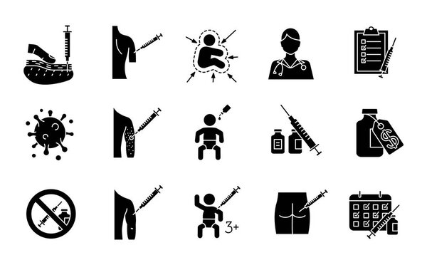 Vaccination and immunization glyph icons set. Silhouette symbols. Vaccines for kids, adults. Flu, hepatitis diseases prevention. Viral and bacterial infections tolerance. Vector isolated illustration