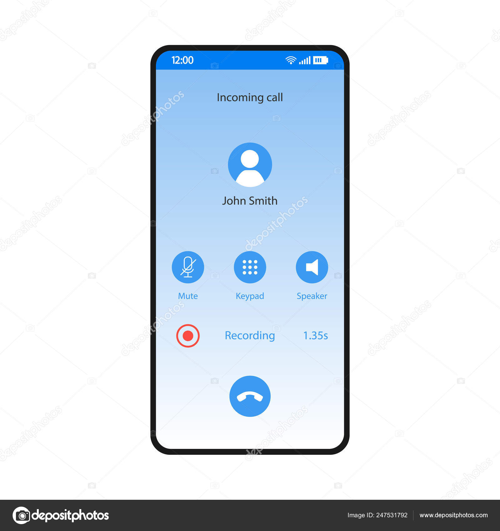 Вызов Регистратора Смартфона Векторный Шаблон Интерфейса Синий.