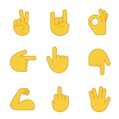 El jest emojis Icons set renk. Zafer, barış, devam et, Tamam, orta parmak, mimik, Vulkan Selam fleksiyondayken pazı. Şu işaret dizin backhand, yukarı ve aşağı. İzole vektör çizimler
