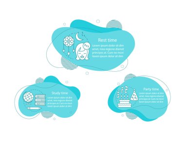 Günlük yaşam kavramı doğrusal illüstrasyonlar. Günlük öğrenci programı Infographic şablon. Çalışma, parti, dinlenme zamanı. Gün planı. Sıvı öğeleri metin ile. Dalgalı kabarcıklar adımları. Sunum, afiş cliparts