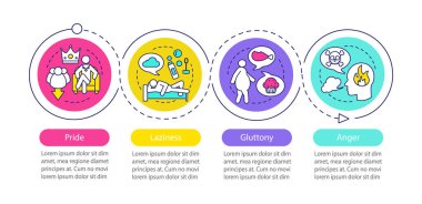 Ölümcül günah vektör Infographic şablonu. Gurur, tembellik, oburluk, öfke. İş sunu tasarımı. Veri görselleştirme adımlar ve seçenekleri. İşlem zaman çizgisi görüntüsü. İş akışı düzeni ile kutsal kişilerin resmi