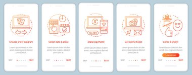 Onboarding mobil uygulaması sayfa ekran vektör şablon göstermek. Toplantı online bilet ödeme. Performans olay. Doğrusal Resimli Anlatım Web sitesi adımlar. UX, UI, GUI smartphone arabirimi kavramı