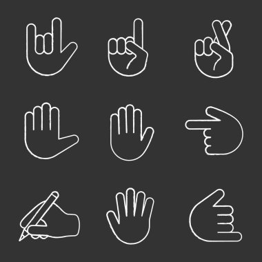 El jest emojis Icons set tebeşir. Seni seviyorum, sola ve yukarı, şans, çak işaret, beş el hareketi, yazma el shaka sayma backhand dizin, rock. İzole vektör kara tahta çizimler