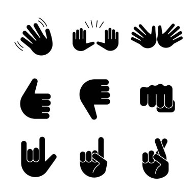 El jest emojis glif Icons set. Sallayarak, dur, jazz, başparmak yukarı ve aşağı, yumruk, aşk, şans, el yalan. Eller, kenetlenmiş parmaklar açın. Siluet simgeler. İzole vektör çizim