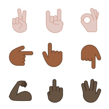 El jest emojis Icons set renk. Zafer, barış, devam et, Tamam, orta parmak, mimik, Vulkan Selam fleksiyondayken pazı. Şu işaret dizin backhand, yukarı ve aşağı. İzole vektör çizimler