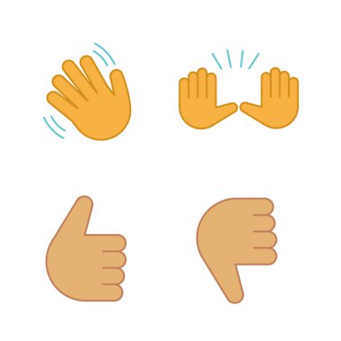 El jest emojis Icons set renk. Merhaba, güle güle, iyi iş, dur, ret el hareketi. Yukarı ve aşağı sallayarak ve eller yükselterek, başparmak. İzole vektör çizimler