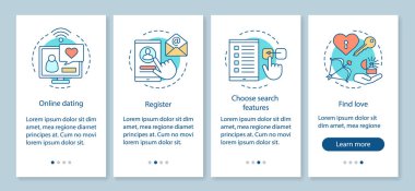 Online Arkadaşlık onboarding mobil app sayfası ekranda vektör şablonu. Kayıt, arama özellikleri seçin, doğrusal resimler aşk adım bulmak. Çöpçatanlık. UX, UI, GUI smartphone arabirimi concep