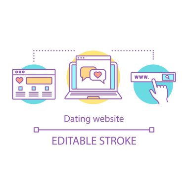 Online dating Web sitesi kavramı simge. Aşk fikir ince hat illüstrasyon bulmak. Sohbet, mesajlaşma romantik. Internet tarihi. Konuşma balonları ile dizüstü bilgisayar. İzole anahat çizim vektör. Düzenlenebilir kontur