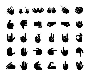 El jest emojis glif Icons set. İşaret parmakları, yumruk, avuç içi. Sosyal Medya ağ ifadeler. Tamam, Merhaba, rock el hareketi gibi. El simgeleri. Siluet simgeler. İzole vektör çizim