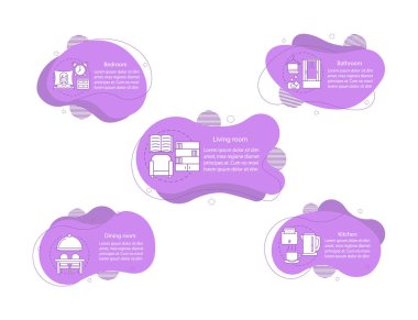 Mobilya ve cihaz kavramı resimler. Düz veya ev Odalar Infographic şablonu. Sıvı öğelerine metin ve doğrusal simgeler. İç tasarım dalgalı adımları kabarcıklar. Sunum, afiş cliparts