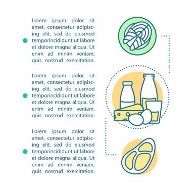 Malzemeler makale sayfa vektör şablonu. Yemek, yemek hazırlama. Broşür, dergi, broşür tasarım metin kutuları ile. Et, balık, süt ürünleri. Baskı tasarımı. Metin alanı olan konsept çizimler