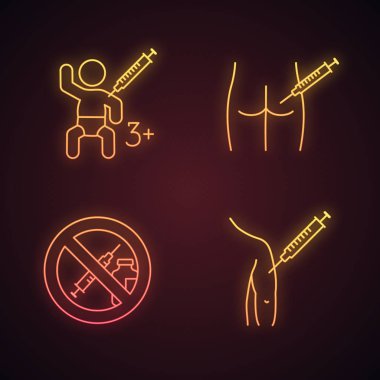 Aşı ve bağışıklama neon ışık Icons set. Parlayan işaretler. Uyuşturucu yasağı, adam ve çocuk silah, kas içi enjeksiyon enjekte ediliyor. BCG, hepatit aşı. İzole vektör çizimler