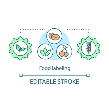 Gıda etiketleme kavramı simge. Standartları fikir ambalaj ürünleri hat illüstrasyon ince. Gıda kalitesi, Emanet Etiketler. Beslenme gerçekler. İzole anahat çizim vektör. Edtable inme