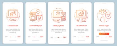 Konser onboarding mobil uygulaması sayfası ekranda vektör şablonu. Online Bilet ödeme göster. Müzik etkinliği. Doğrusal Resimli Anlatım Web sitesi adımlar. UX, UI, GUI smartphone arabirimi kavramı
