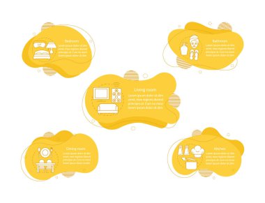 Aile içi yaşam konsept çizimler. İç tasarım. Düz veya ev Odalar Infographic. Sıvı öğelerine metin ve doğrusal simgeler. Mobilya, cihaz dalgalı kabarcıklar adımları. Sunum, afiş cliparts