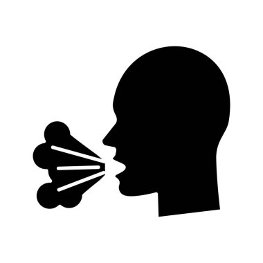 Glif simgesi öksürük. Siluet simge. Viral enfeksiyon, grip, nezle, soğuk belirti. Ağız kokusu. Hapşırma. Tüberküloz, kabakulak, boğmaca. Negatif alan. İzole vektör çizim