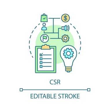 CSR strateji kavramı simge. Kurumsal Sosyal sorumluluk fikir ince hat illüstrasyon. İş planlaması. Yönetimi. Hedef ayarları. İzole anahat çizim vektör. Düzenlenebilir kontur