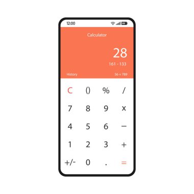 Mobil hesap makinesi smartphone arabirimi vektör şablonu. Matematik app sayfa beyaz tasarım düzeni. Basit aritmetik hesaplamalar ekran. Basamak çıkarma UI düz. Telefon ekran üzerinde matematiksel uygulama