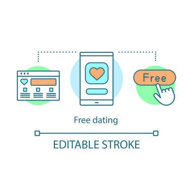 Dating Online app kavramı simgesi. Aşk arama uygulaması, Web sitesi fikir ince hat illüstrasyon. Web sayfası, tablet kalp ile. El ücretsiz düğmesini tıklayın. İzole anahat çizim vektör. Düzenlenebilir kontur