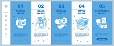 Çöp sıralama onboarding mobil web sayfaları şablon vektör. Duyarlı smartphone Web arabirimi fikir doğrusal resimler. Organik, cam atık Web sayfasını gözden geçirme adım ekranlar. Renk kavramı