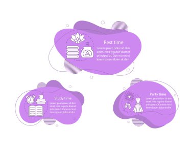 Günlük öğrenci rutin konsept çizimler. Çalışma, parti ve dinlenme zamanı Infographic şablonu. Sıvı öğelerine metin ve doğrusal simgeler. Üç dalgalı kabarcıklar adım. Tanıtım, afiş, rapor cliparts