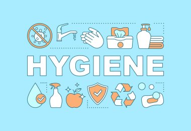 Hijyen sözcüğü kavramları afiş. Hijyenik temizlik işlemleri. Yıkama eller. Sıhhi, sterilize. Tanıtım, Web sitesi. Tipografi ile doğrusal kutsal kişilerin resmi yazı izole. Vektör anahat çizim