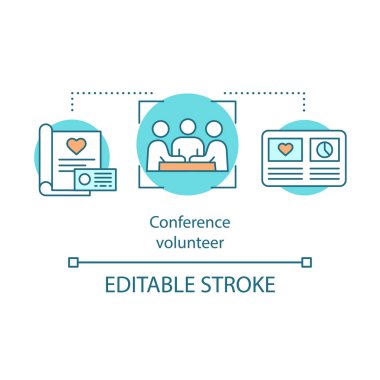 Gönüllü konferans kavramı simge. Kar amacı gütmeyen organizasyon toplantı. Yardım Vakfı fikir ince hat illüstrasyon. Yardım Derneği. Çizim vektör izole anahat