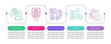 Araba kiralama hizmeti vektör Infographic şablonu. Otomobil Kiralama. Bu carpooling. Bir araba kiralayın. Beş adımlar ve seçenekleri veri görselleştirme. İşlem zaman çizgisi görüntüsü. İş akışı düzeni ile kutsal kişilerin resmi