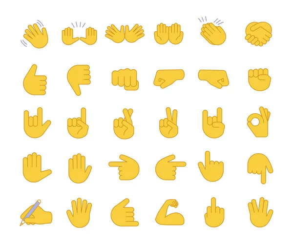 Handgesten Emojis Setzen Farbige Symbole Zeigefinger Fäuste Handflächen Soziale Medien — Stockvektor