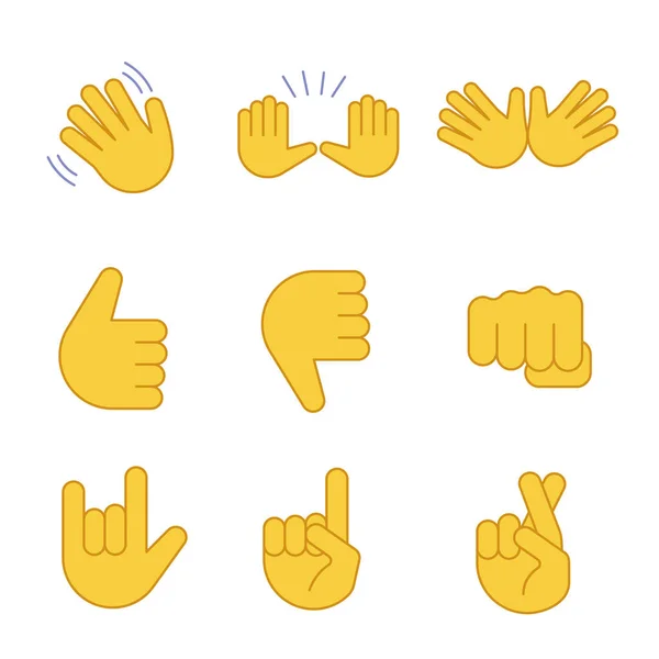 El jest emojis Icons set renk. Sallayarak, dur, jazz, başparmak yukarı ve aşağı, yumruk, aşk, şans, el yalan. Eller, kenetlenmiş parmaklar açın. İzole vektör çizimler