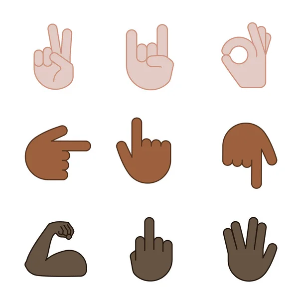 Handgesten Emojis Setzen Farbige Symbole Sieg Frieden Rock Mittelfinger Vulkanische — Stockvektor