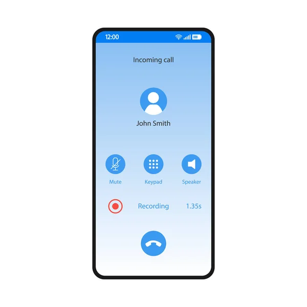Call Recorder Okostelefon Felület Vektor Sablon Mobil App Kék Design — Stock Vector