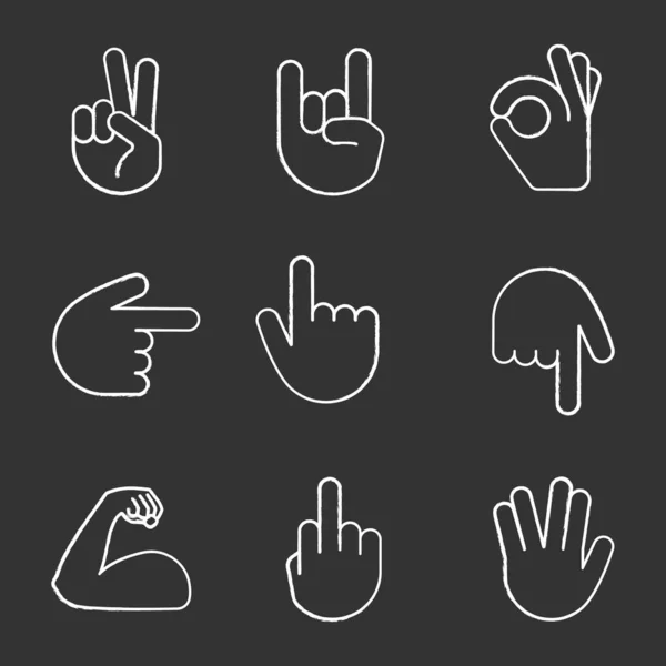 Hand Gesture Emojis Chalk Icons Set Victory Rock Middle Finger — Stock Vector
