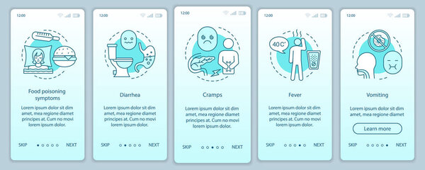 Indigestion symptom onboarding mobile app page screen template. Foodborne illness. Food poisoning. Diarrhea, cramps, fever, vomiting. Walkthrough website step. UX, UI, GUI smartphone interface concept