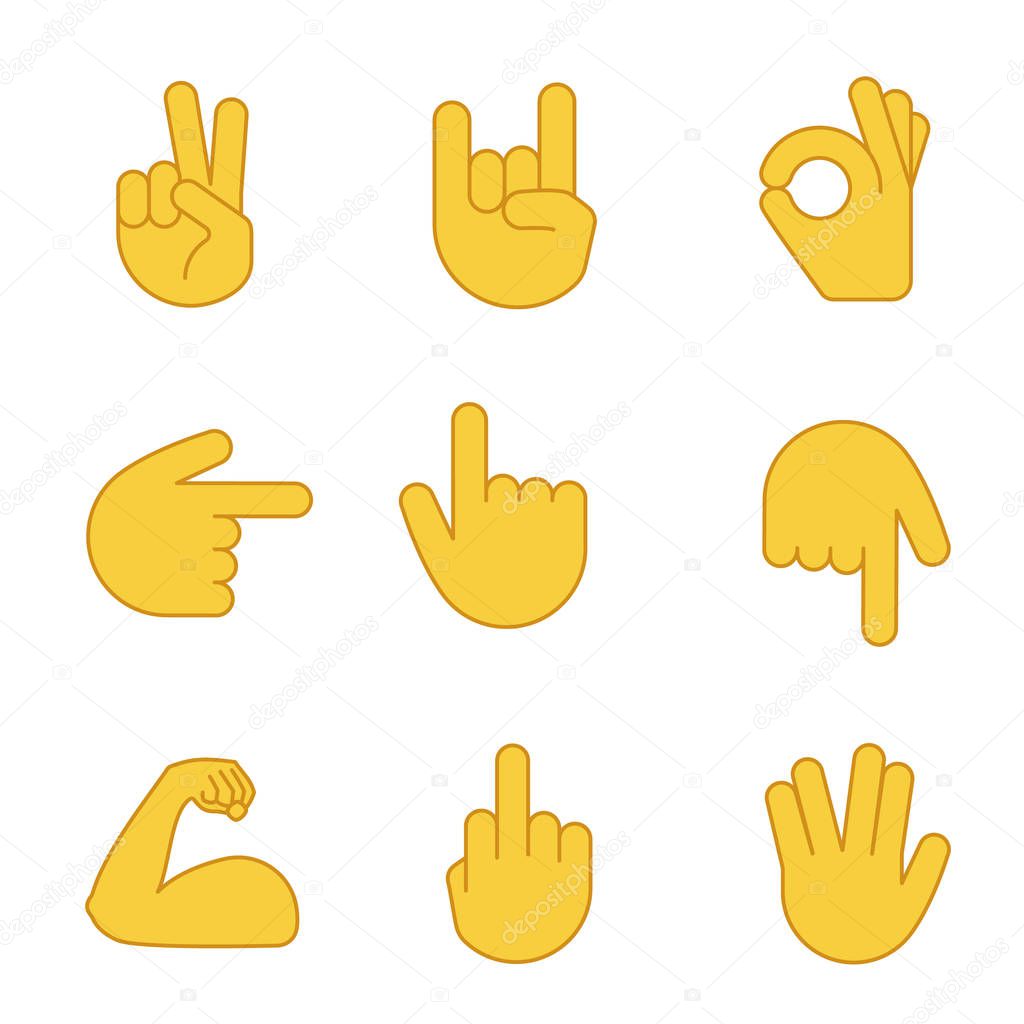 Hand gesture emojis color icons set. Victory, peace, rock on, OK, middle finger, vulcan salute gesturing, flexed bicep. Backhand index pointing right, up and down. Isolated vector illustrations