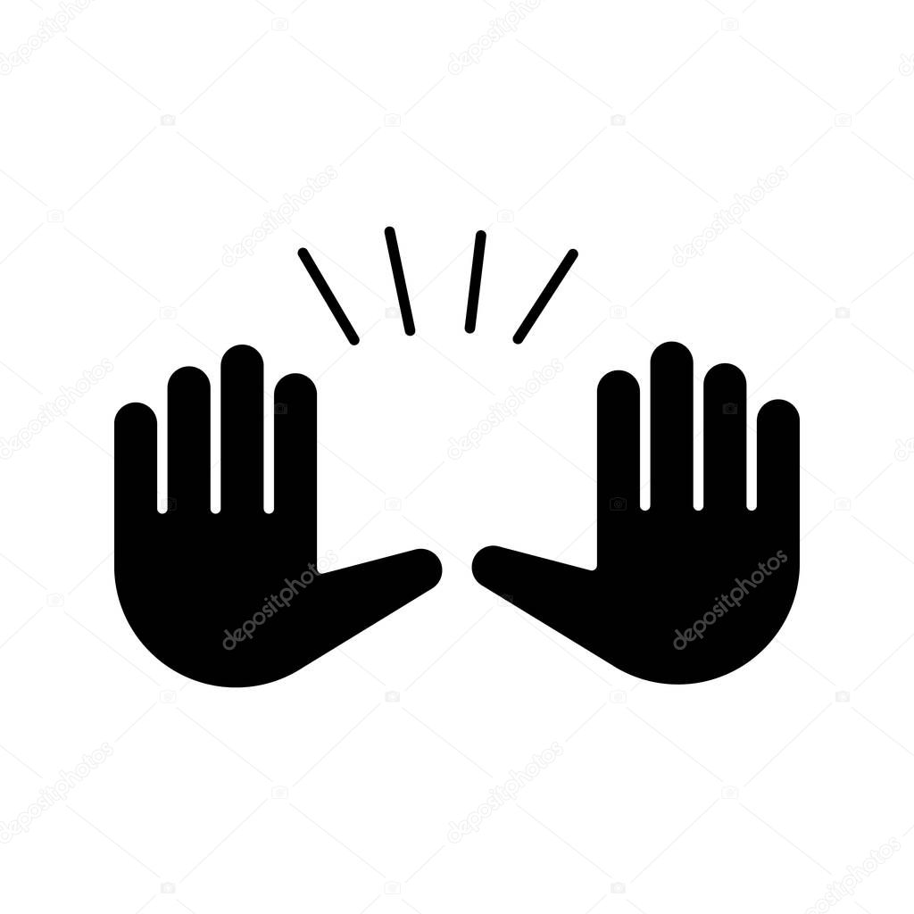 Raising hands gesture glyph icon. Silhouette symbol. Stop, surrender gesturing. Waving two palms emoji. Negative space. Vector isolated illustration