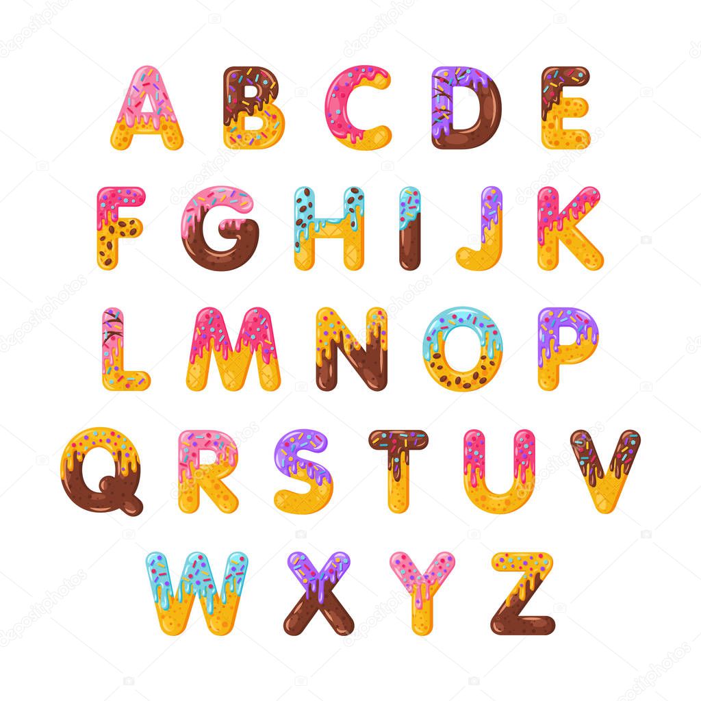 Donut cartoon alphabet vector set. Biscuit bold font style. Glazed capital letters with icing. Tempting flat design typography. Cookies, waffle, chocolate letters. Pastry, bakery isolated clipart pack