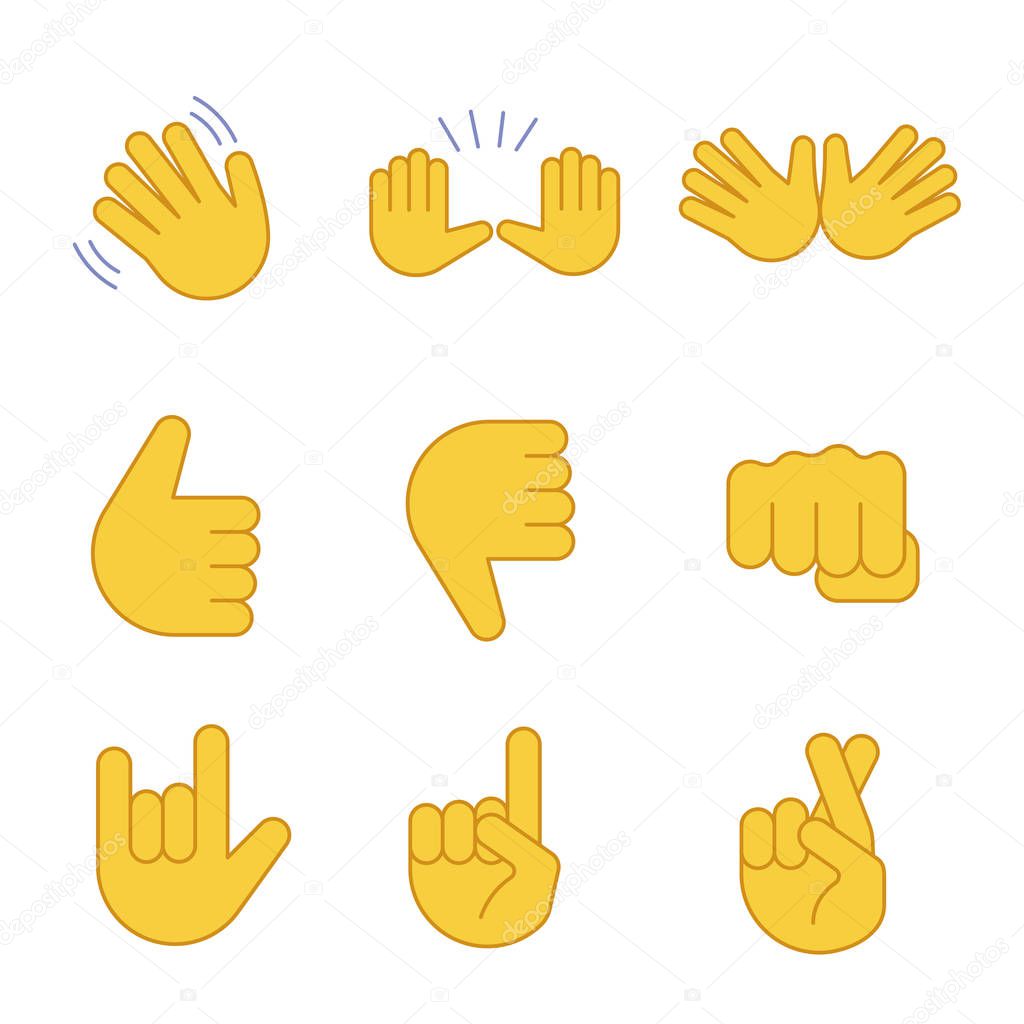 Hand gesture emojis color icons set. Waving, stop, jazz, thumbs up and down, fist, love you, luck, lie gesturing. Open hands, crossed fingers. Isolated vector illustrations