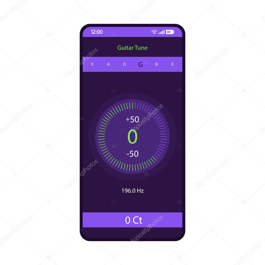 Guitar tuner smartphone interface vector template. Mobile musical app page purple design layout. String instrument tuning, mode application screen. Flat UI . Bass sound check setting on phone display