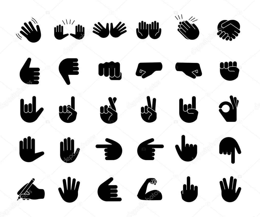 Hand gesture emojis glyph icons set. Pointing fingers, fists, palms. Social media, network emoticons. OK, hello, rock, like gesturing. Hand symbols. Silhouette symbols. Vector isolated illustration