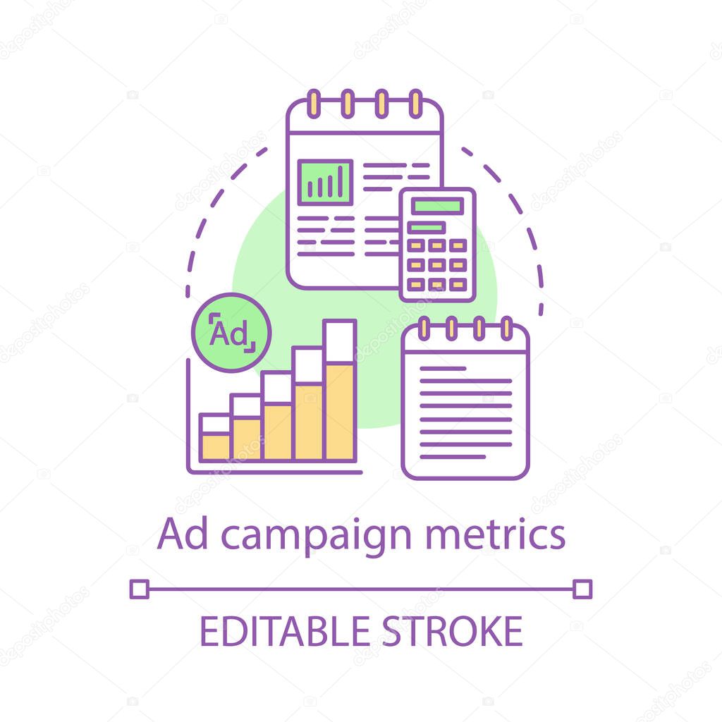 Ad campaign metrics concept icon. Advertising testing idea thin line illustration. Web statistics, analytics. Marketing, promotion analysis. Vector isolated outline drawing. Editable stroke
