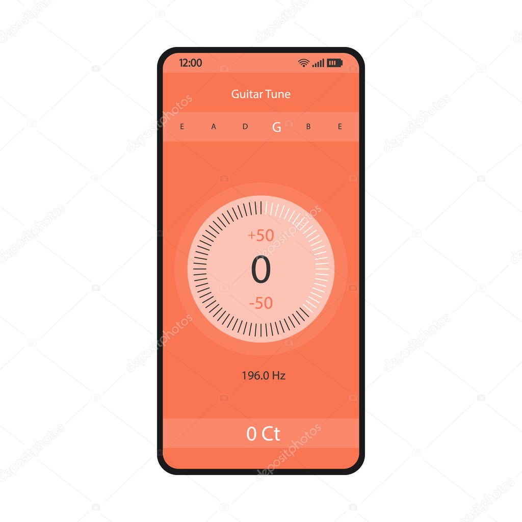 Guitar tuner smartphone interface vector template. Mobile musical app page coral design layout. String instrument tuning mode application screen. Flat UI . Sound checking, setting on phone display