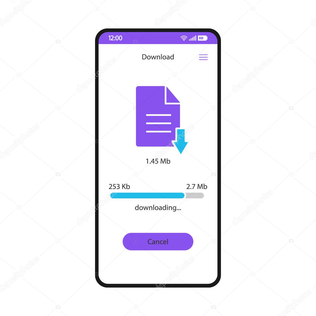 Download file manager smartphone interface vector template. Mobile storage app page white design layout. Document downloading process application screen. Online data saver flat UI on phone display