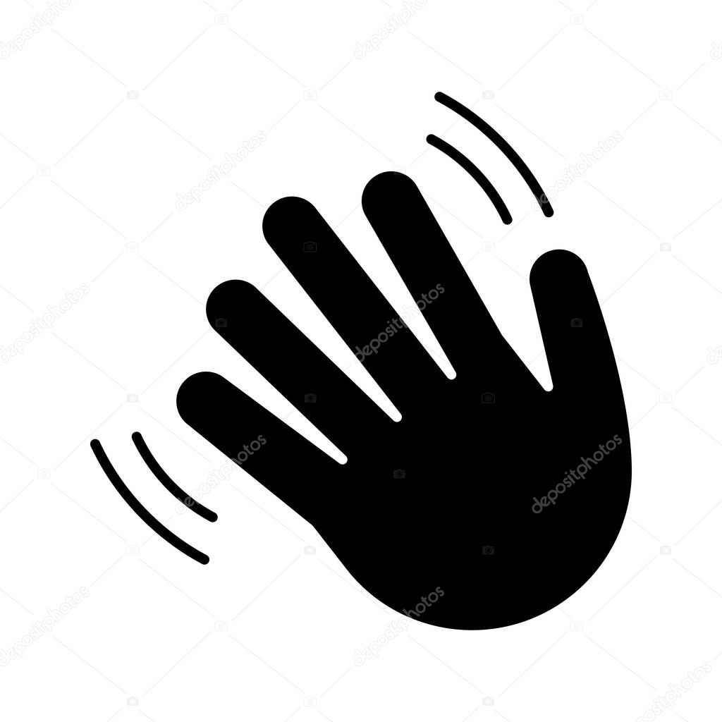 Waving hand gesture emoji glyph icon. Silhouette symbol. Hello, hi, bye, goodbye hand gesturing. Greeting palm. Negative space. Vector isolated illustration